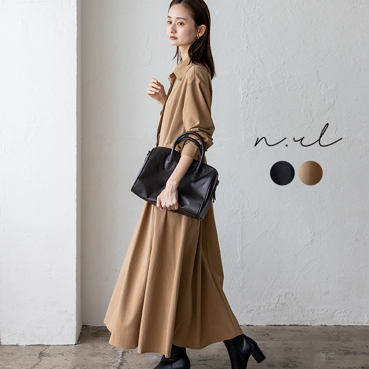 <卸>【ワンピース】タック フレアワンピース 丈長め シャツ襟【nrc-0020】