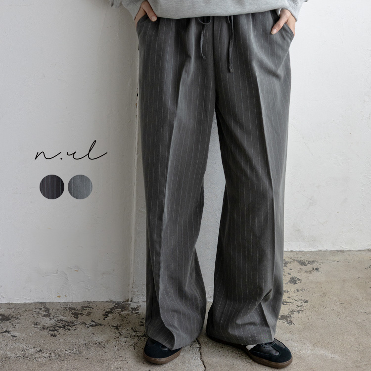 <卸>ピンストライプ ワイドパンツ スーツ オフィス服 ウエストゴム 紐【nrc-0024】