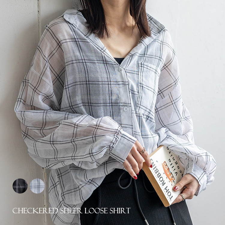 ＜卸＞【シアー】チェック柄 ルーズシルエット ガーゼ素材 透け感【vkkc-0569】